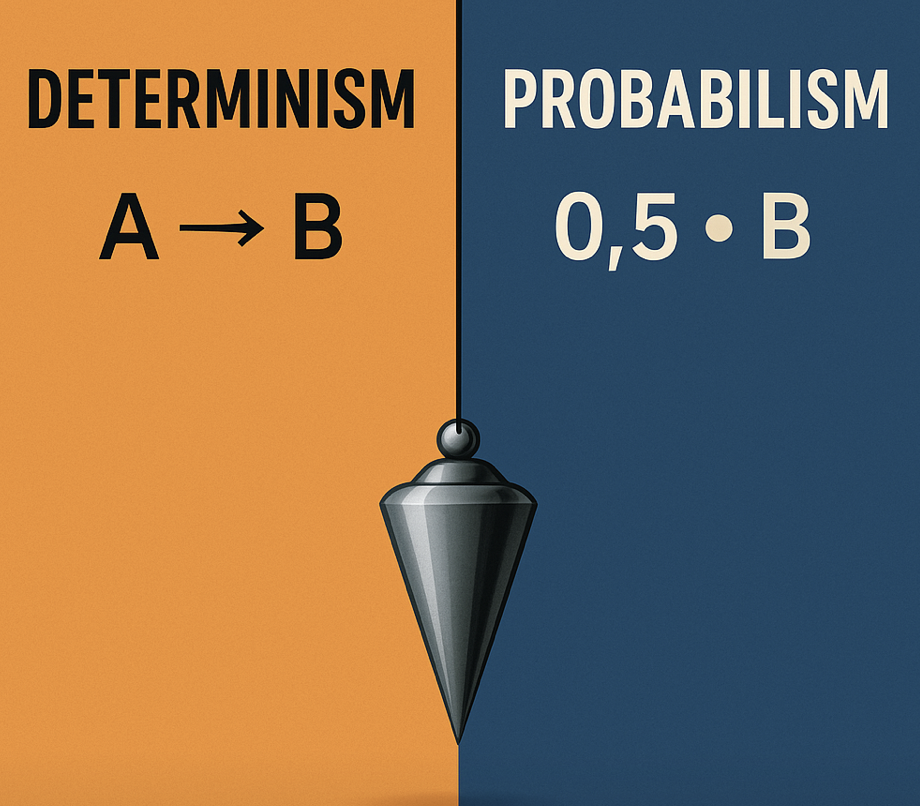 Illustration of a pendulum symbolising determinism and probabilism, with cause-and-effect on one side and probability on the other